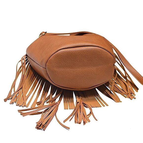 Urban Lux by TruCulture-Kate Tan Vegan Leather Bucket Bag with Fringe - Picture 3 of 5